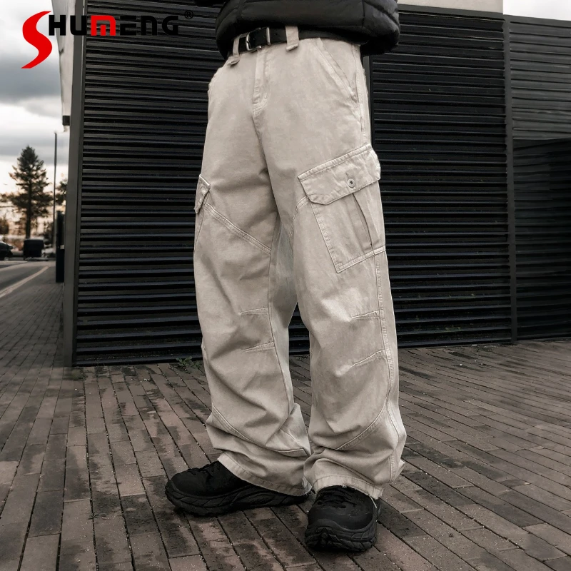 

2025 Winter New Men's Chic Tooling Straight-Leg Jeans Wide-Leg Trousers Handsome Pocket Decoration Personality Long Denim Pants