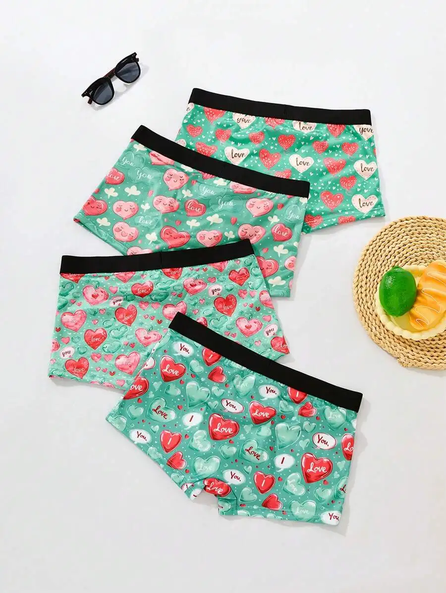 4pcs Mens Heart Print Casual Boxer Briefs