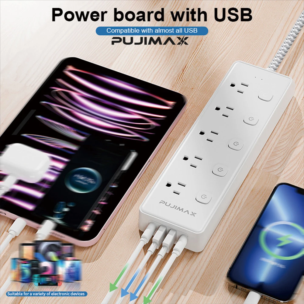 PUJIMAX US Plug Power Strip Multitap Independent Switch Power Socket Adapter USB Type C Ports Charge 1.5m Cord Extension Sockets