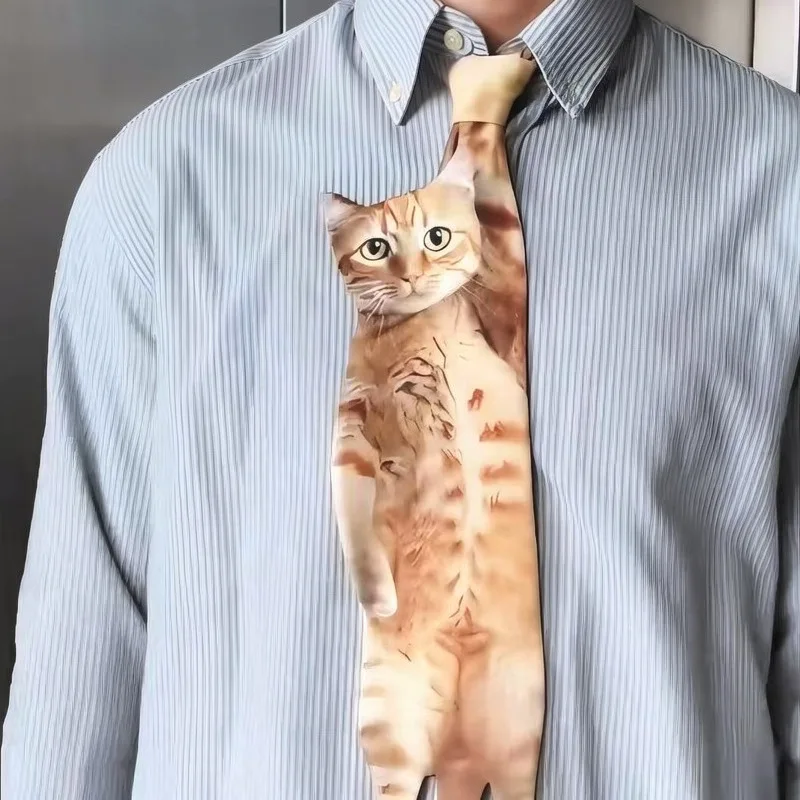 Gray Personalized Creative Cartoon Cat Print Necktie Fashionable Funny Design Embellishments Accessory for Men