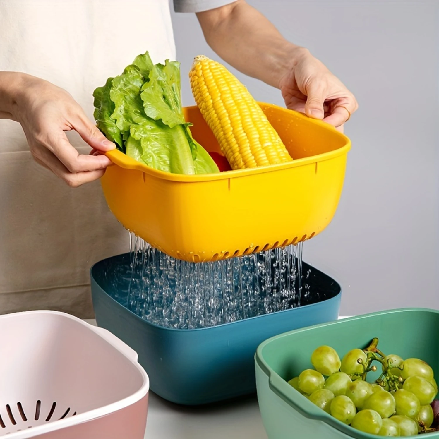 

1Pc Double-Layer Kitchen Drain Basket - Multifunctional Colander For Fruits, Vegetables & Pasta - Durable Polypropylene Washing