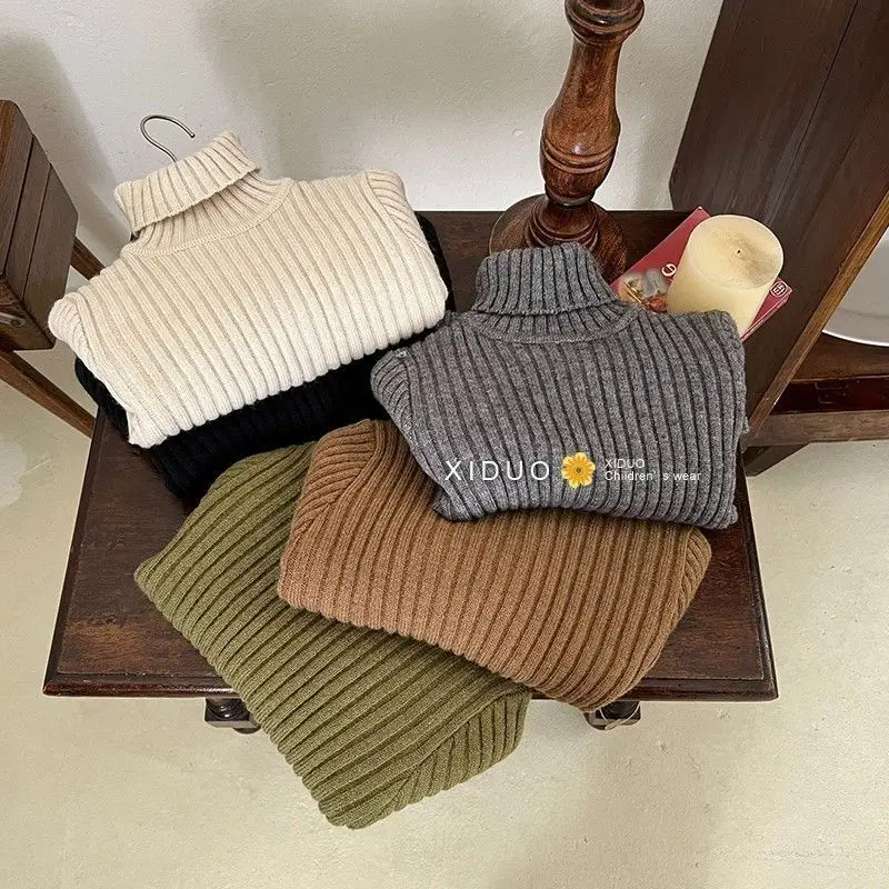 Korean children's children's sweater 2023 autumn winter new men girls solid color sweater baby high neck elastic thread sweater