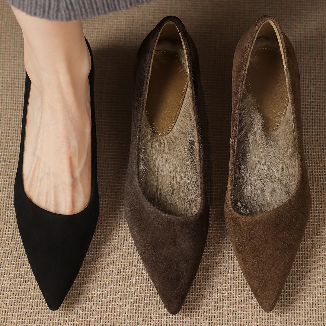 

Женские туфли-лодочки без шнуровки из натуральной замши с мехом кролика внутри, элегантные женские осенние теплые туфли на тонком высоком каблуке 4,5 см
