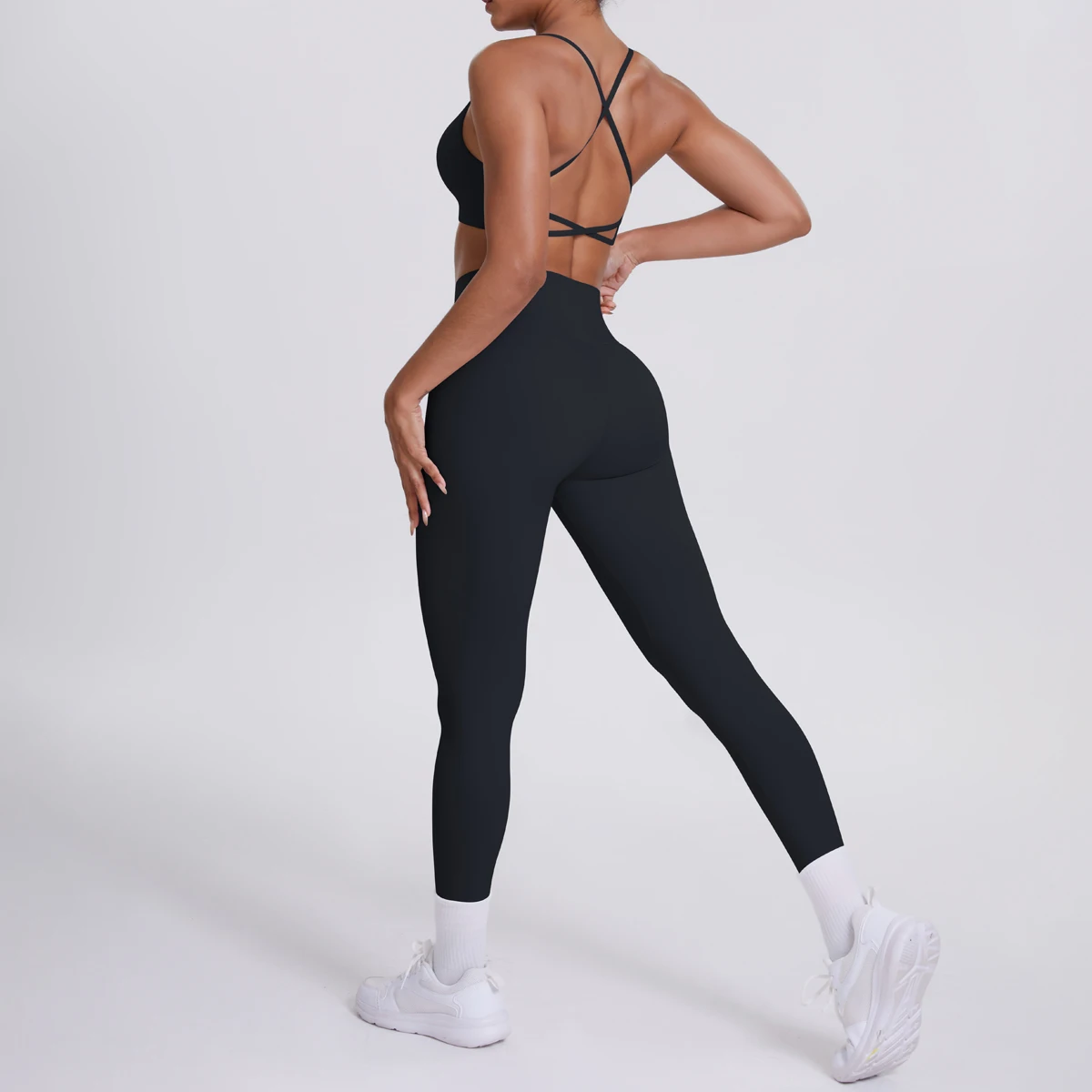 Yoga-Anzug, Sport-Set, Fitnessstudio, nahtlos, stoßfest, Sport-BH, Damen, hohe Taille und Hüften, eng, pfirsichfarbene Gesäßhose, Damen-Sportbekleidung – Detail 9