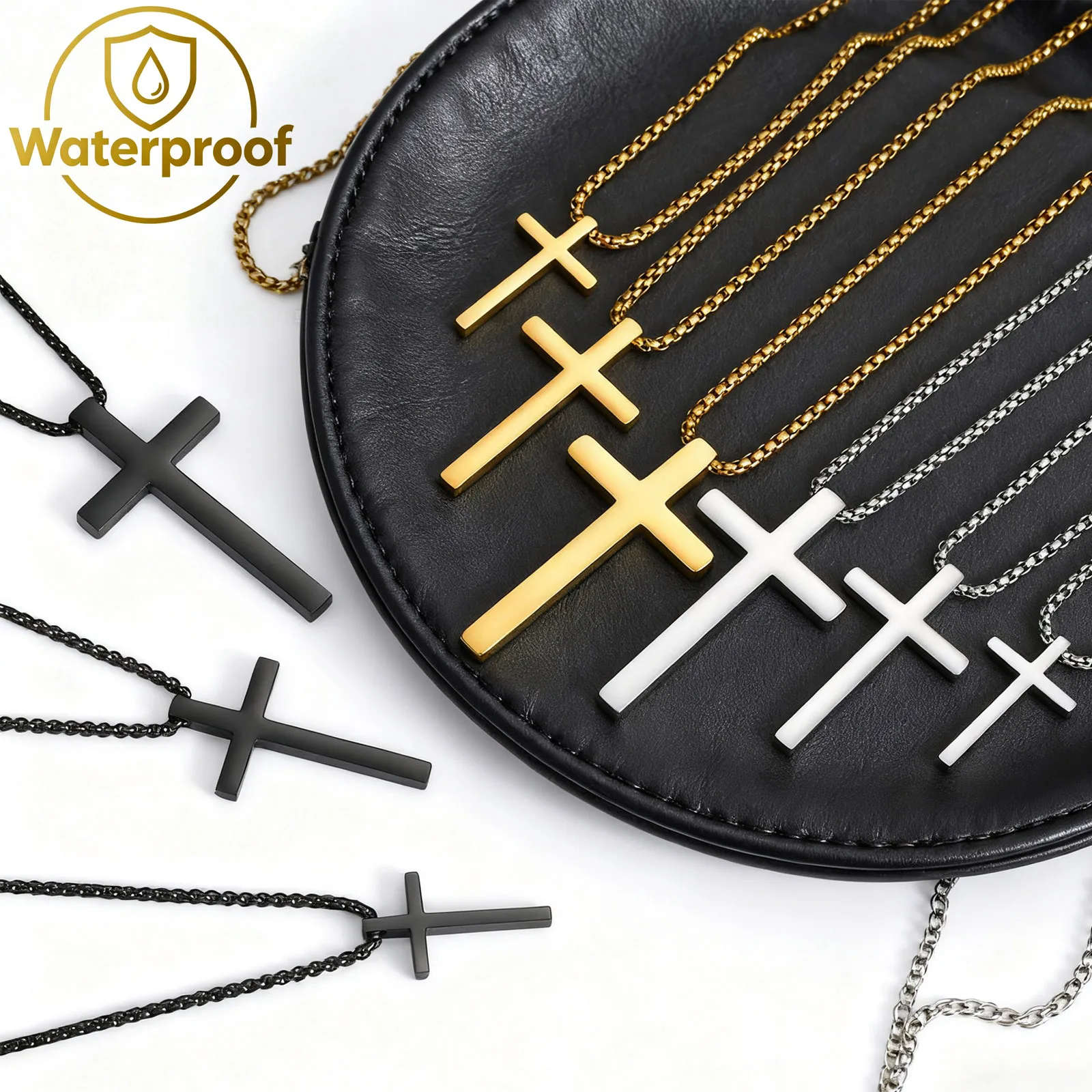 

Waterproof Cross Necklace for Men Women,Stainless Steel Silver Color Plain Cross Pendant,Classic Basic Male Collars Gift