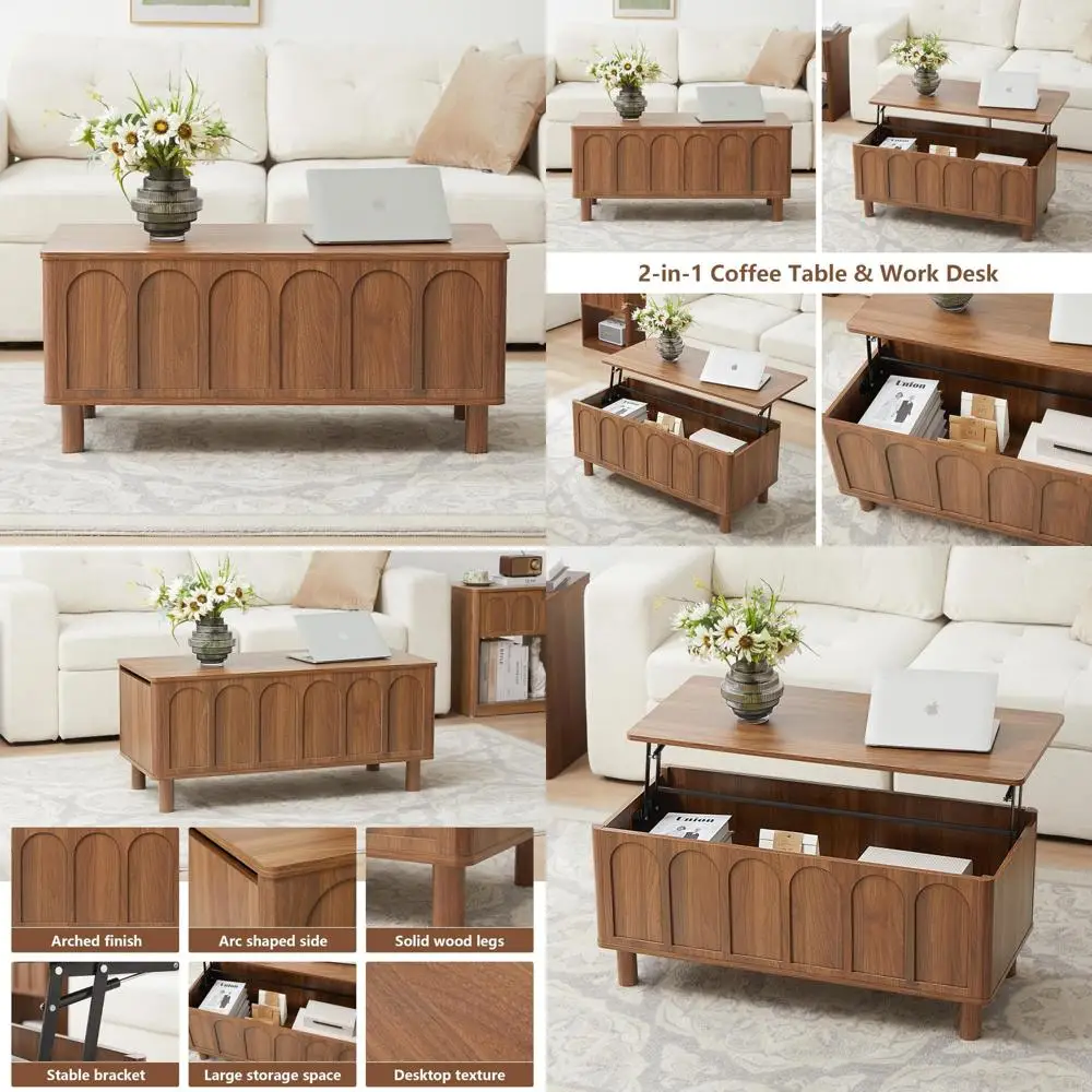 

Modern Arched Coffee Table with Lift Top and Hidden Storage for Living Room