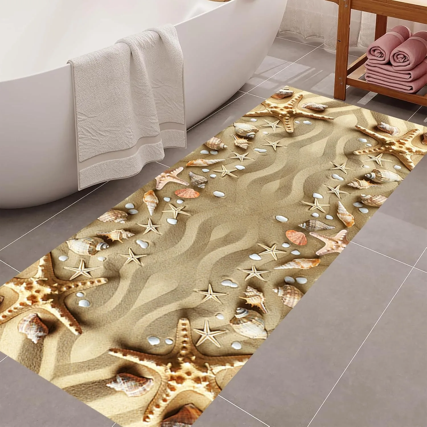 Beach Ocean Hallway Runner Rug Tropical Starfish Conch Shells Ripple Sandy Beach 3D Rug, Coastal Carpet for Kitchen Bathroom