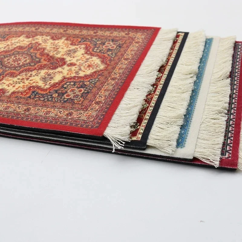 Persian Mini Woven Rug Mat Mousepad Carpet Pattern Cup Mouse Pad with Fring Retro Style Home Office Table Decor Craft Desk Mat
