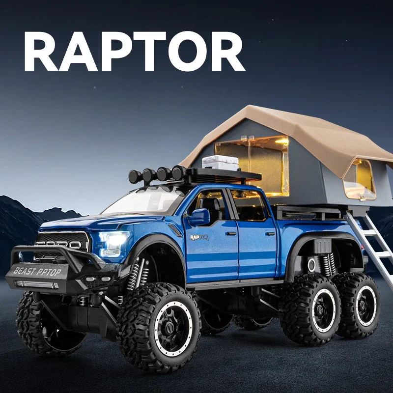 Simulation 1/28 Ford F150 SVT RAPTOR Pickup Model Diecast Camping RV Toy Vehicles Children Boy Birthday Gift Home Decor