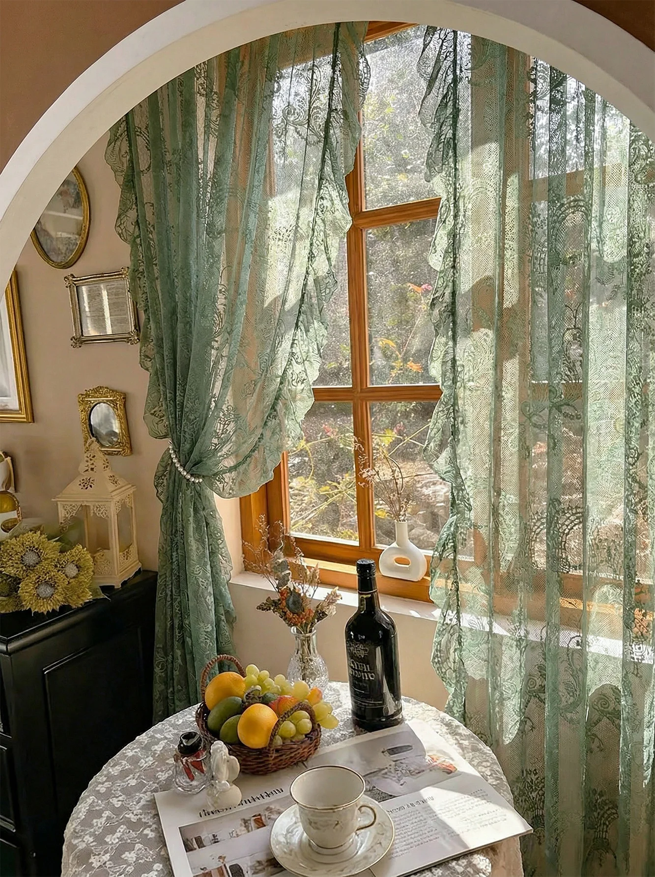 Green Princess Style Lace Valance French Creamy Vintage Floating Curtains Transparent Tulle with Leaf Edge for Home Decor