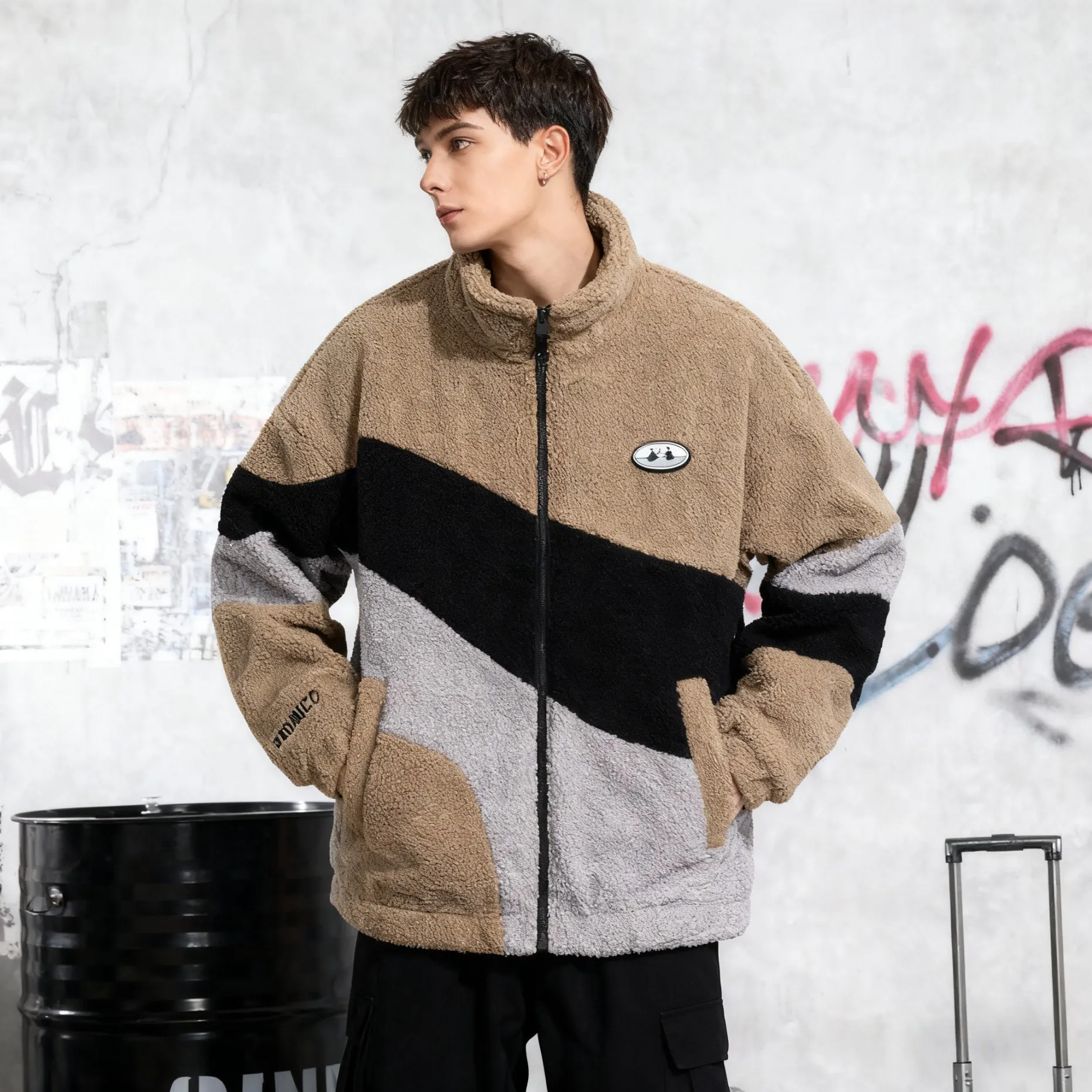 

Color Blocking Sherpa Winter Jacket Man, Oversized Streetwear Mens Fleece Jackets
