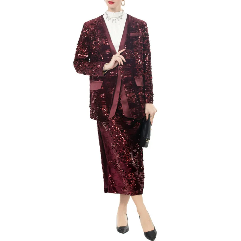 QMQA Fashion Women's Sequins 2 Piece Set V-neck Wine Red Single Button Long Sleeved Jacket Pencil Skirt Sets Female New 1A942