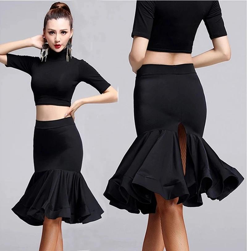 women sexy black Latin Dance Skirt Black Fitness Ladies split herringbone skirt Practice Performamnce Dancewear