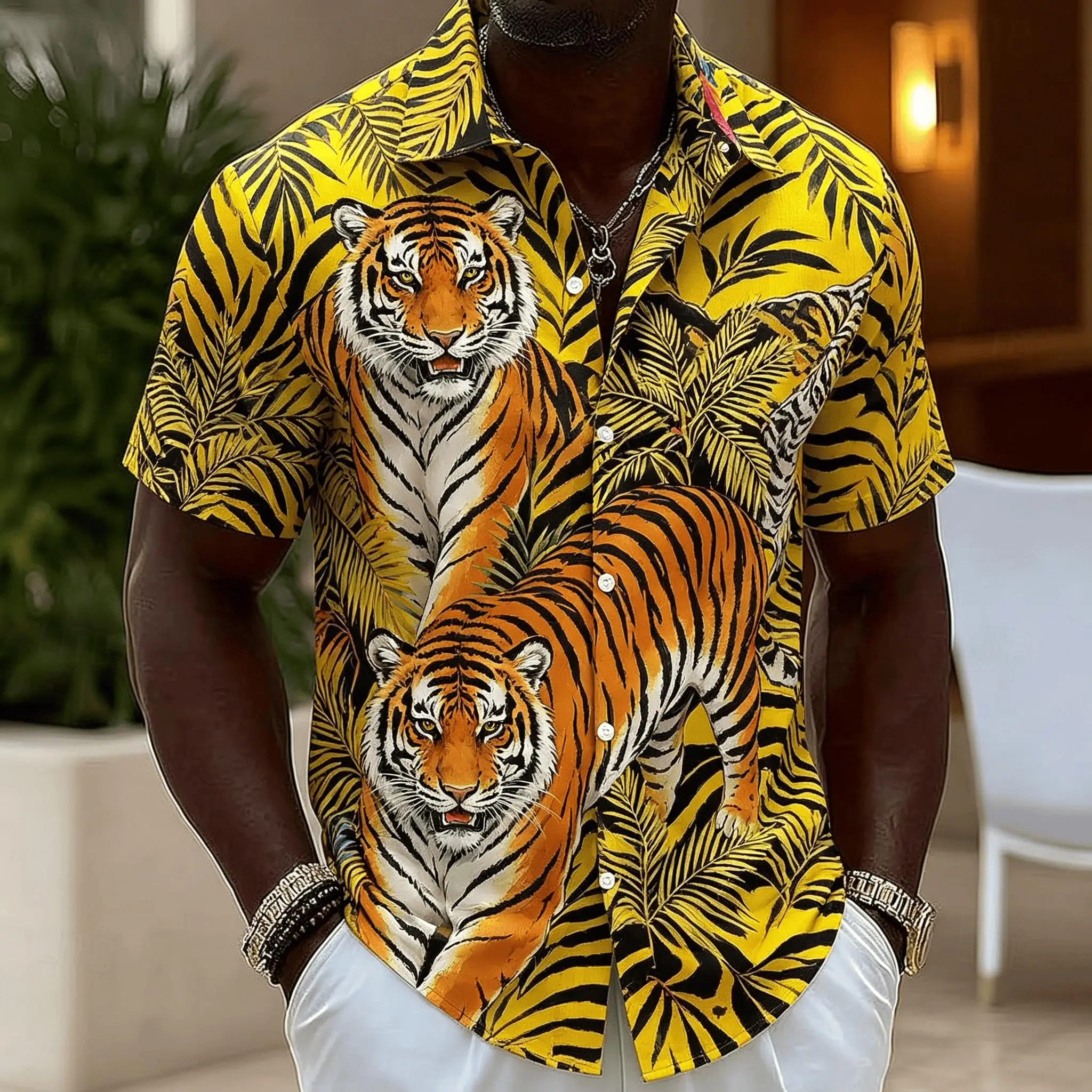 

Men's Tropical Tiger & Palm Leaf Print Short Sleeve Shirt, Casual Jungle Button Up Shirt for Spring & Summer
