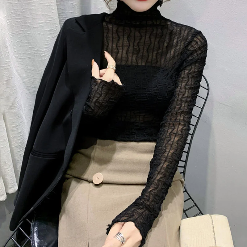 High-neck Mesh Bottom Blouse for Women in Spring and Autumn with 2023 New Style Western-style Transparent Lace