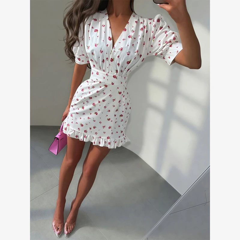 Chic Printed Slim Fit Mini Dress Women Elegant V-neck Puff Short Sleeves Waist Cinching Dresses 2026 Summer Lady Party Robes New