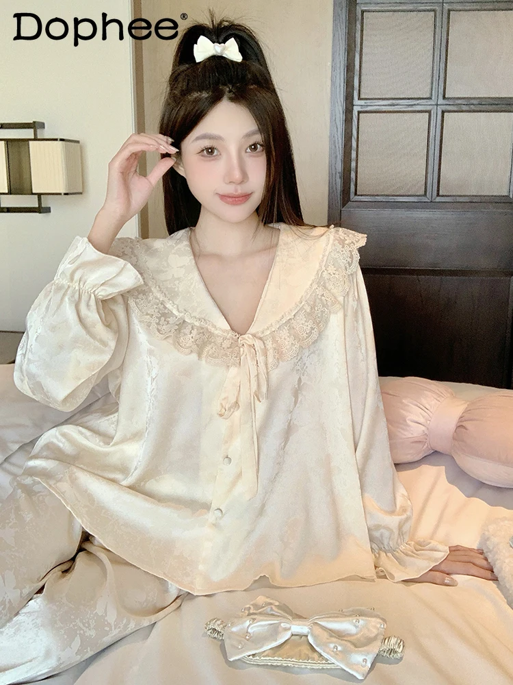 

2025 New Spring Ice Silk Long Sleeve Pajamas for Women Lace Sexy Loungewear Loose Casual Homewear Set