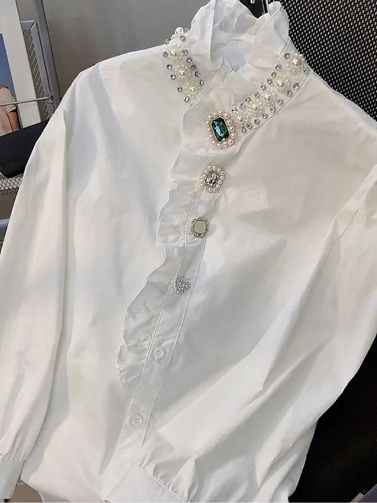 Beautiful Luxury Stand Collar Diamond Beaded Shirt For Women Long Sleeve Autumn Winter Fashion White Blouse