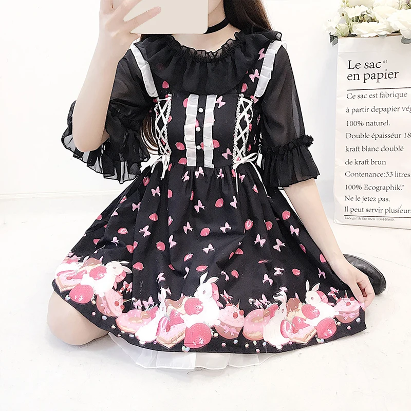 Blus wanita sifon lengan setengah tipis, blus wanita, renda kerut, gaya Kawai Lolita, baju leher Slash, atasan tipis imut