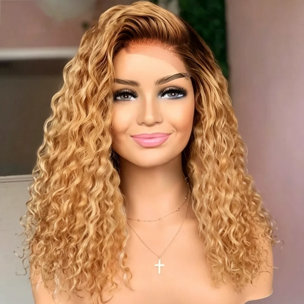 

Soft Long Kinky Curly Ombre Blonde 180 Density Lace Front Wig For Women With Baby Hair Synthetic Preplucked Glueless Daily