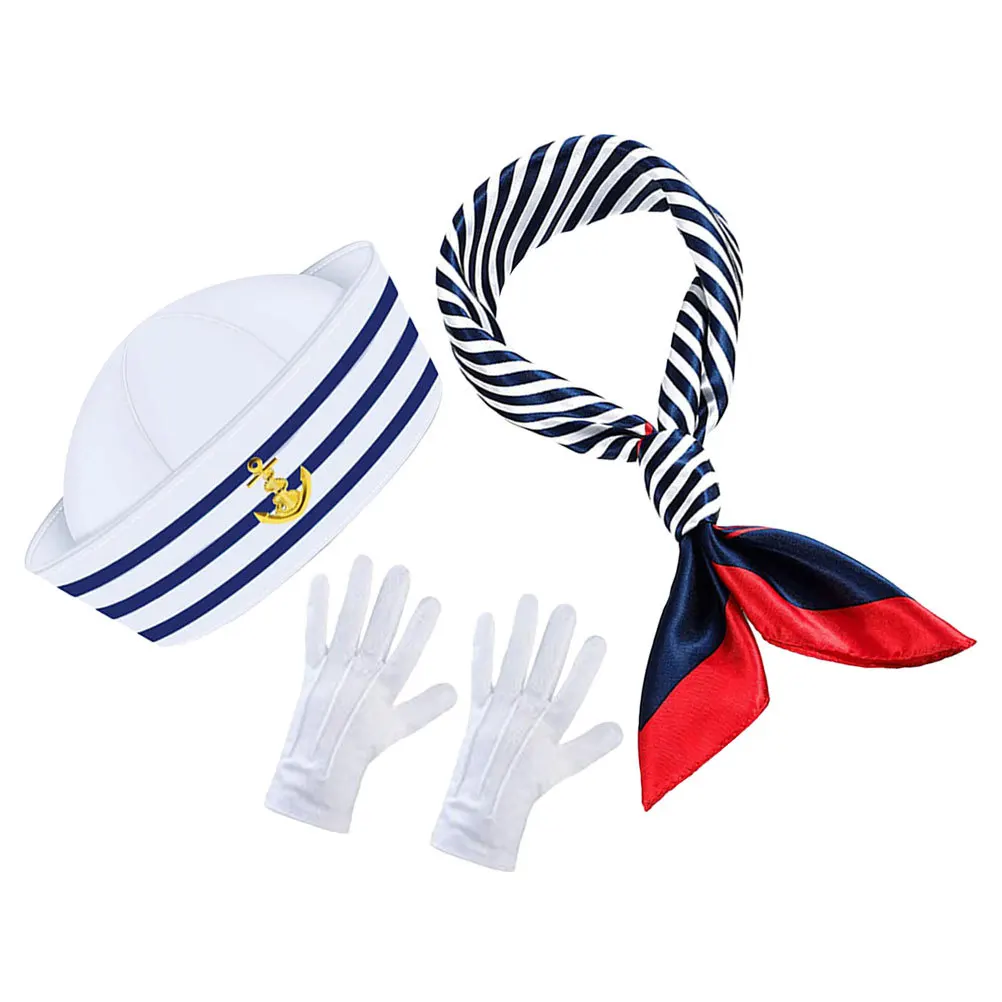1 セットヨット船長帽子スカーフと手袋付きセーラーコスチューム女性アクセサリー航海衣装ハロウィンカーニバル用