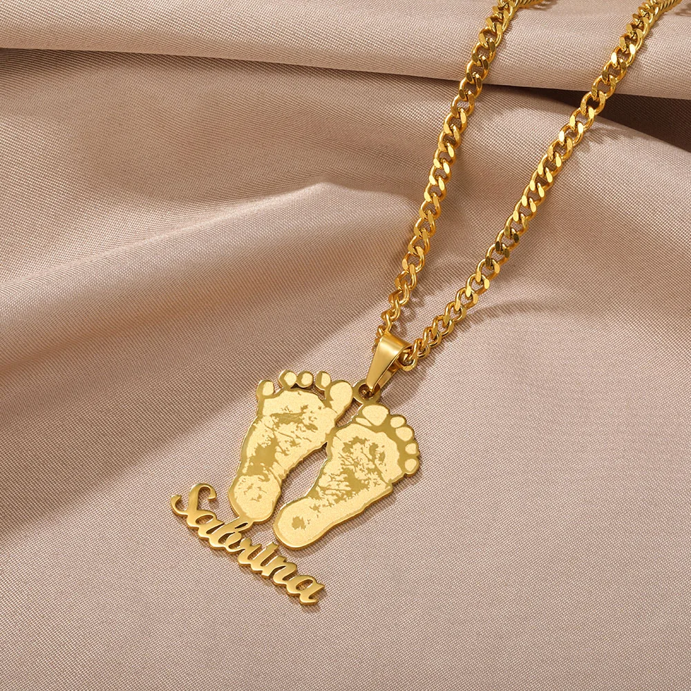 Custom Name Baby Feet Necklace For Women Gold Color Stainless Steel Nameplate Pendant Necklace Child Jewelry Birthday Gift view 5