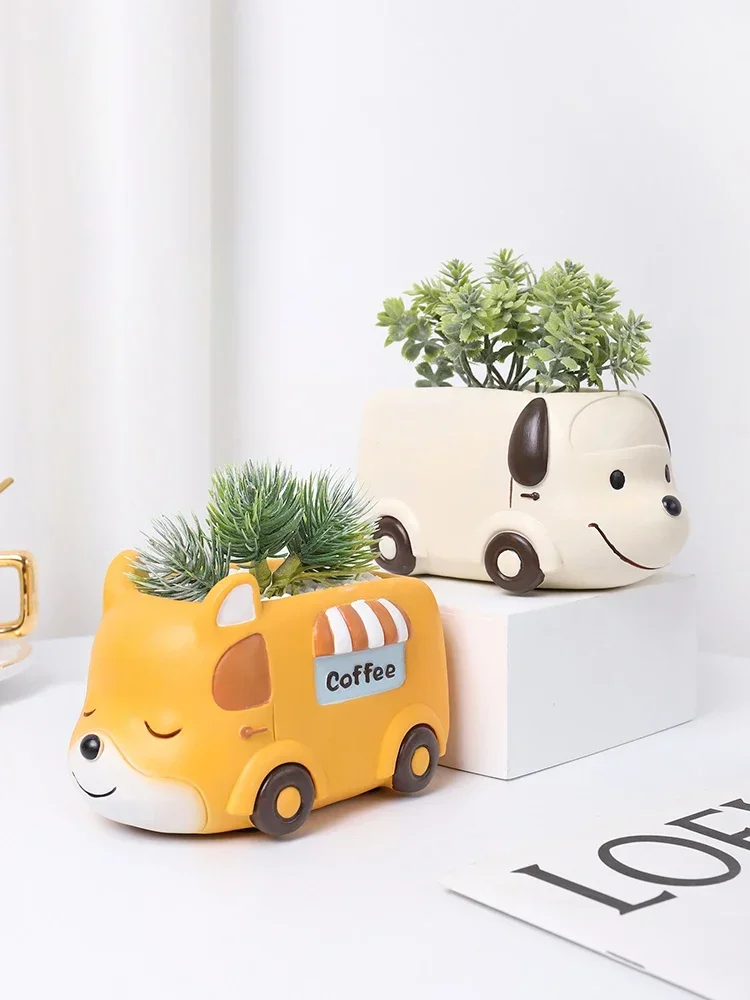 Food Truck Animal Small Plant Pot Resin Succulent Planter for Home Office Desk Mini Ornament Fairy Garden Flowerpot Decoration