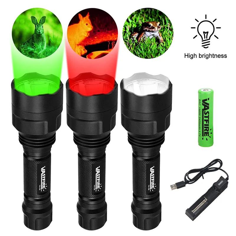 

Hunting Flashlight White/Green/Red Torch Powerful C8 Led Tactical Torch Rifle Scope Lantern+Airsoft Mount+Switch+18650+Charger