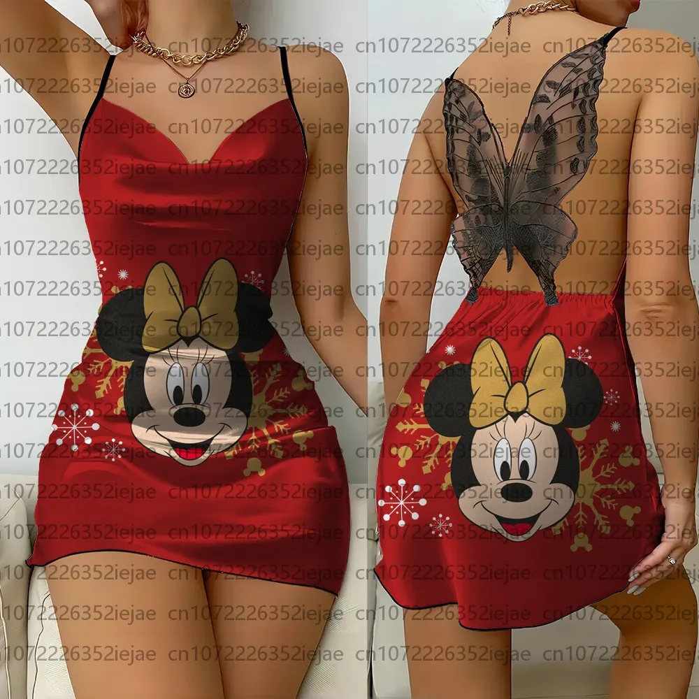 

Christmas Disney Mickey Mouse Lace Strappy Nightgown with Butterfly Backless Print, Sexy Summer Casual Pajamas