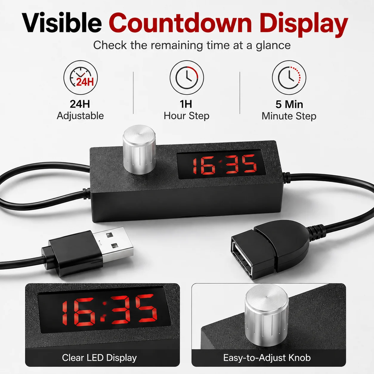 USB 24H Countdown Timer Power Off Switch 5V Adjustable Auto Shut Off Controller Cable for Aquarium Pump Fan LED Light