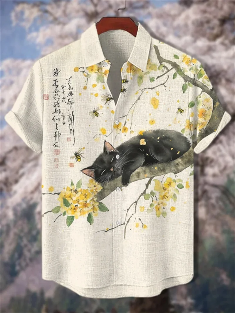 

New men's linen cat print shirt summer collar and button short sleeved shirt holiday casual Hawaiian shirt top