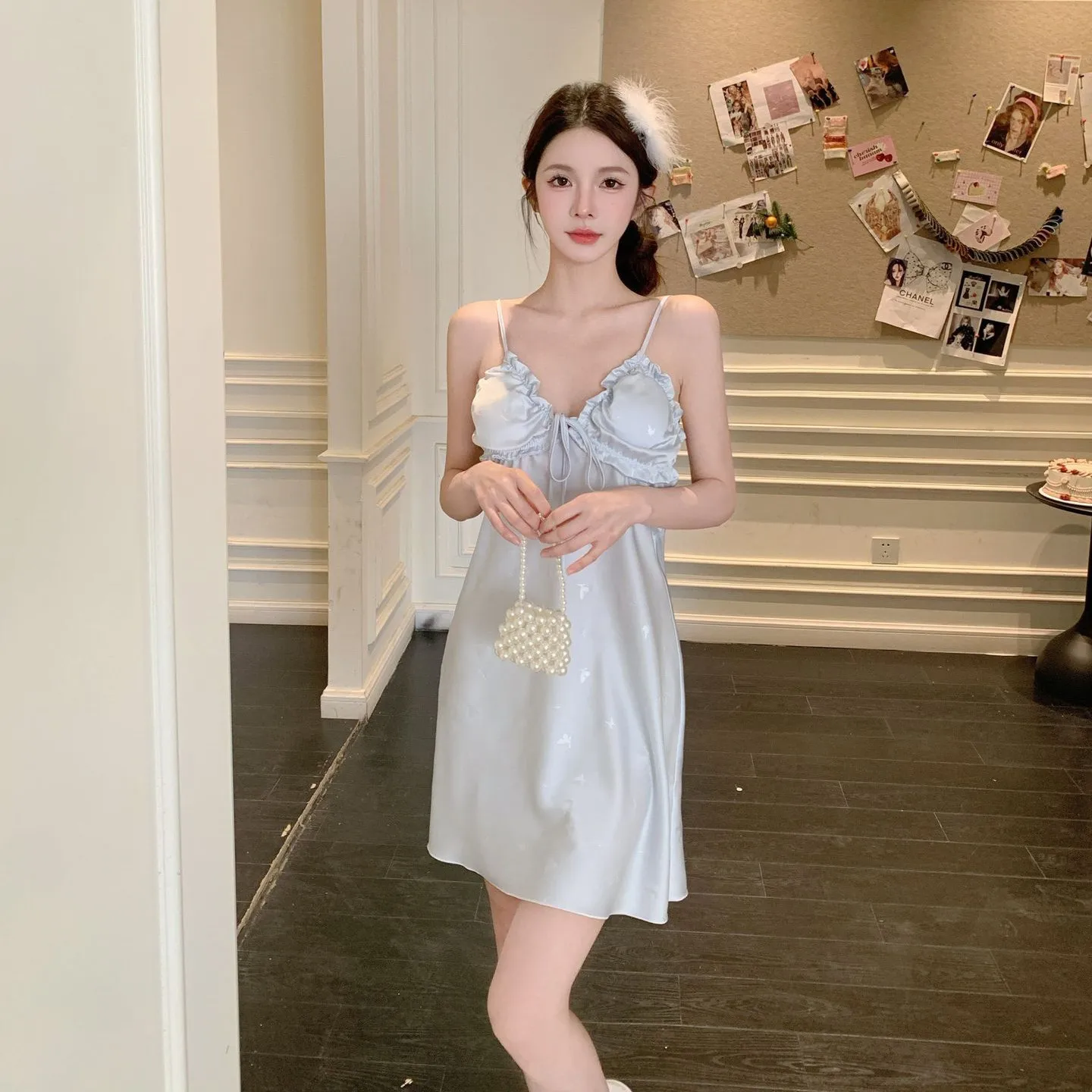 

Backless Suspender Nightgown Summer Women Sleepwear Sexy Ruffles Short Nightdress Thin Silk Satin Female Home Wear