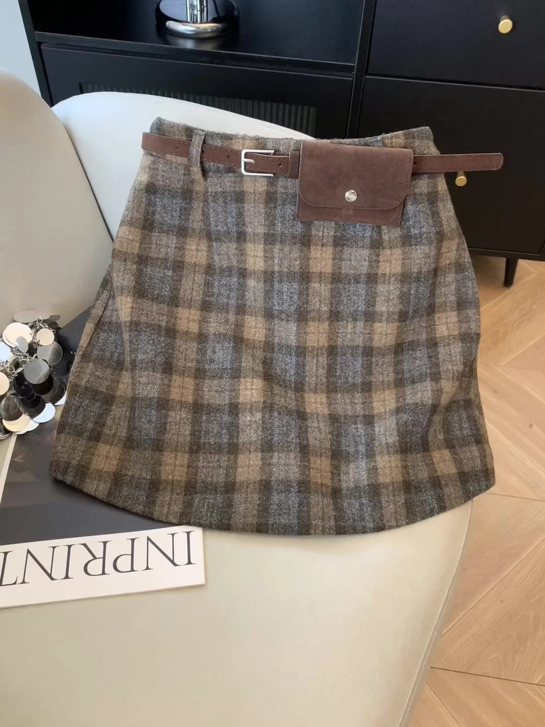 

Women's Brown Plaid A-line Woolen Skirt Vintage Skirt Harajuku Korean Style Y2k Skirts 2000s Clothes Spring Summer Clothes 2026