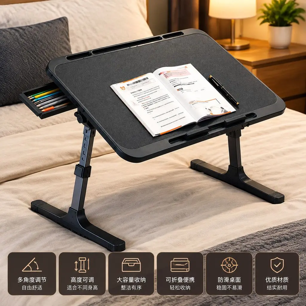Foldable Laptop Bed Table Adjustable Height Black Plastic Lap Desk with Storage Drawer for Reading Writing Study Sofa Home Use