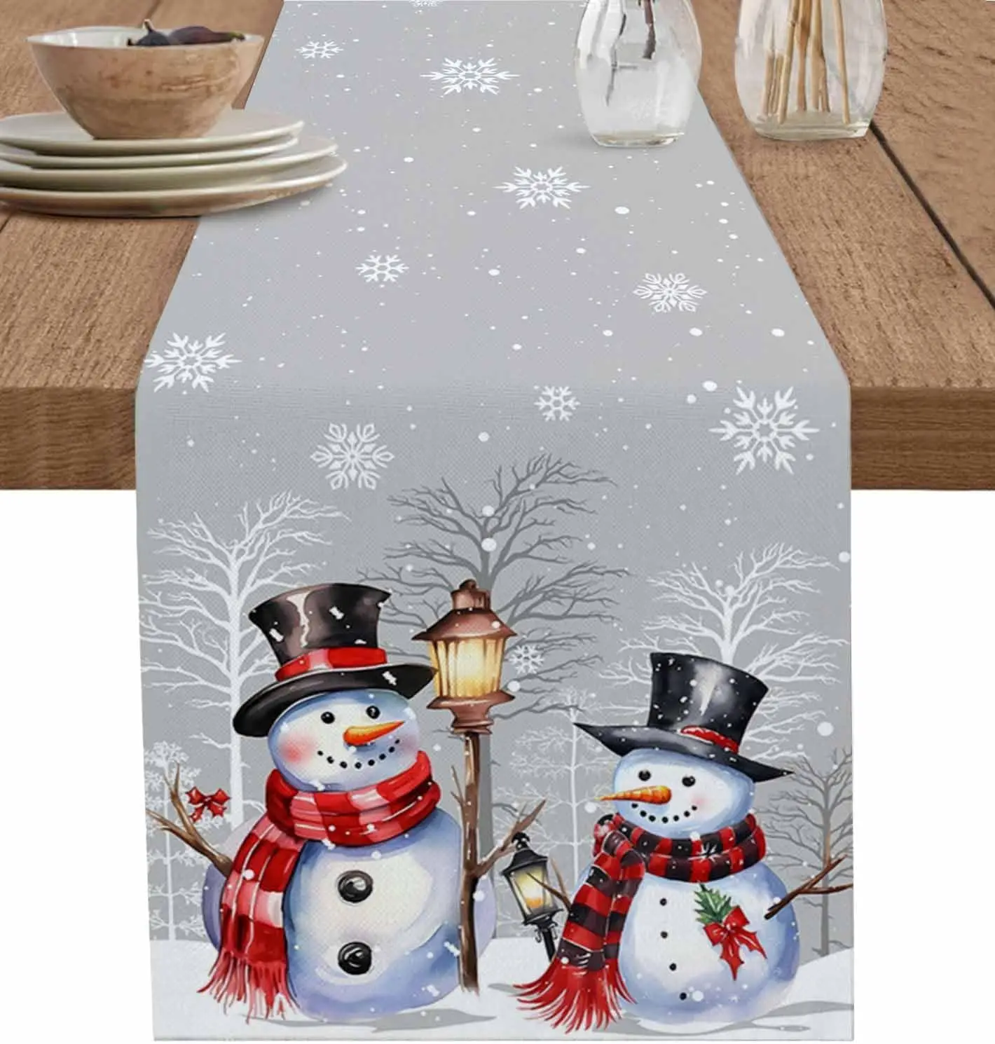 

Christmas Snowman Xmas Tree Snowflake Gray Linen Table Runners Holiday Party Decorations Washable Home Decor Xmas Dectoration