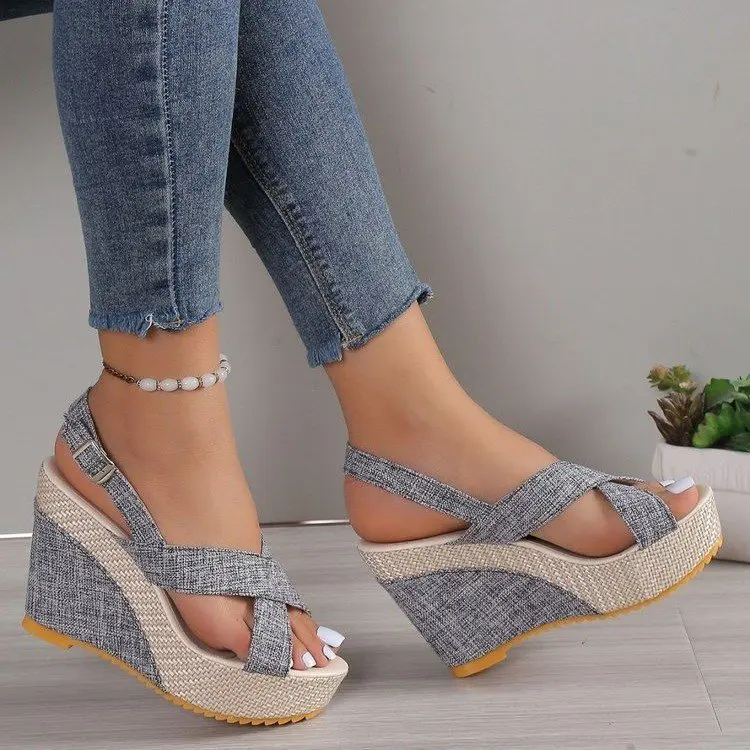 Plus Size 35-42 Shoes for Women Ankle Buckle Wedges Sandals for Women Summer Denim Sandal Comfortable Thick Sole Sandalias Mujer