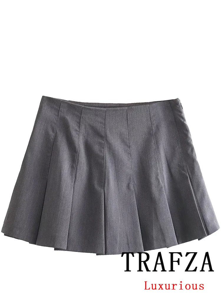 TRAFZA Casual Vintage Chic Women Mini Skirt Solid Zipper Straight Folds Skirt New Fashion 2024 Spring Summer Holiday Skirt