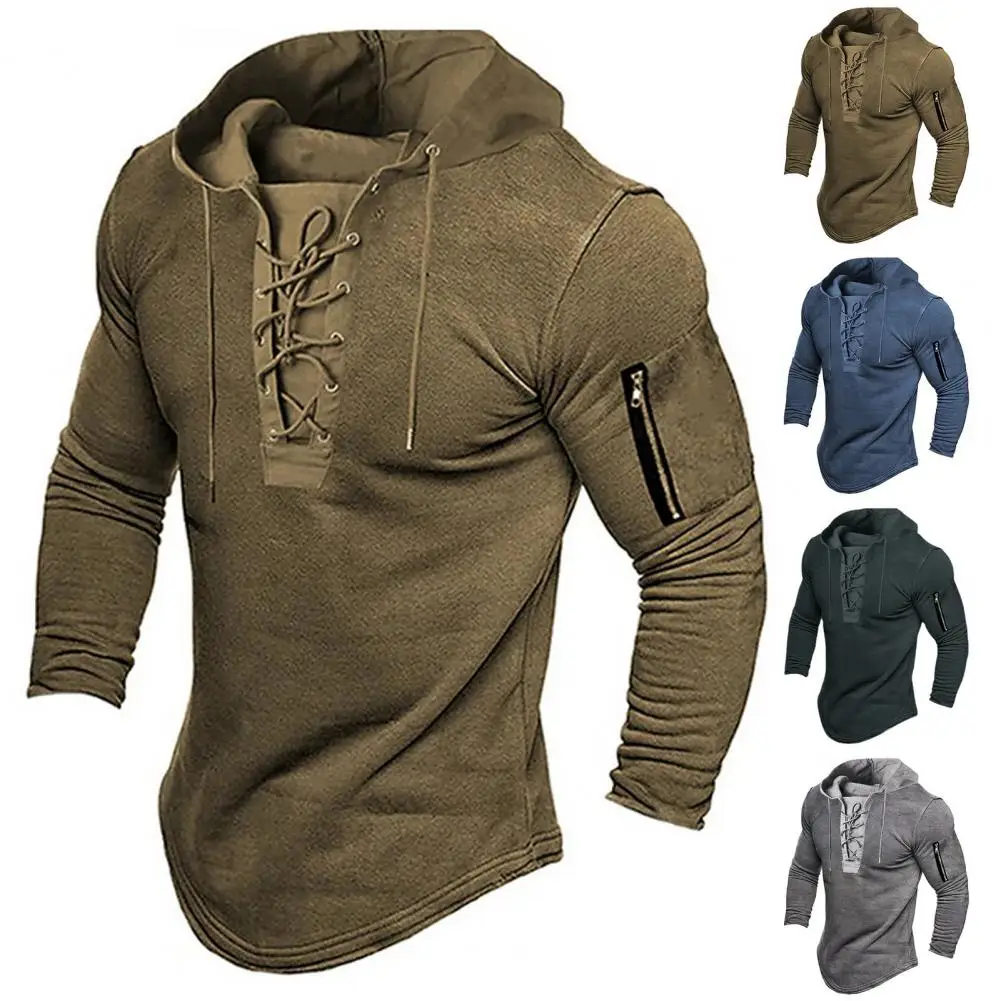 

Style Men Hoodie Vintage Lace-up Hoodie Stylish Men's Pullover with Zipper Detailing Slim Fit for Spring Fall Breathable Men