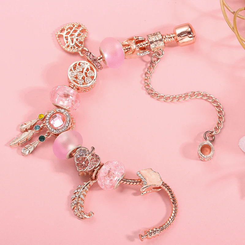 Pink Dream Catcher & Ginkgo Leaves Charm With Pendent Bead Fit Brand Bracelet DIY Jewelry For Women Making Gift New