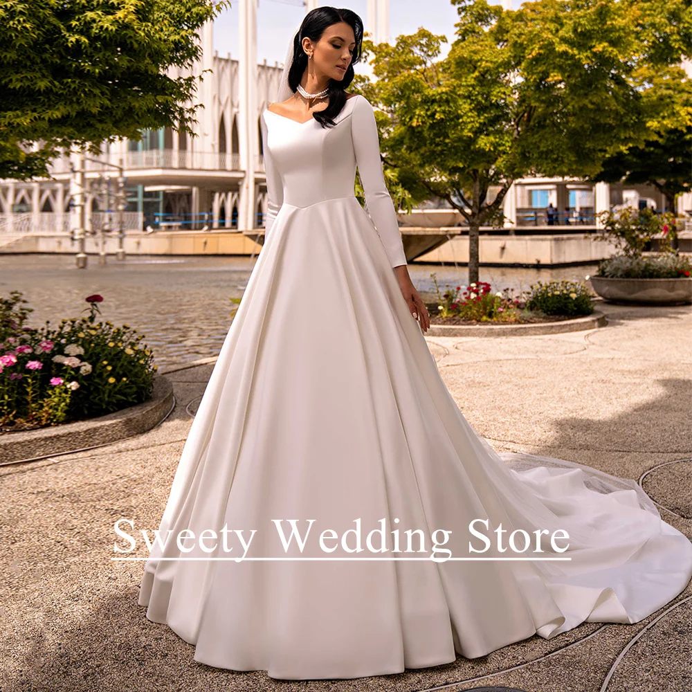 Elegant Wedding Dress Customized New Arrival V Neck Full Sleeves Sweep Train A Line Simple Satin Bridal Gown Vestido De Noiva