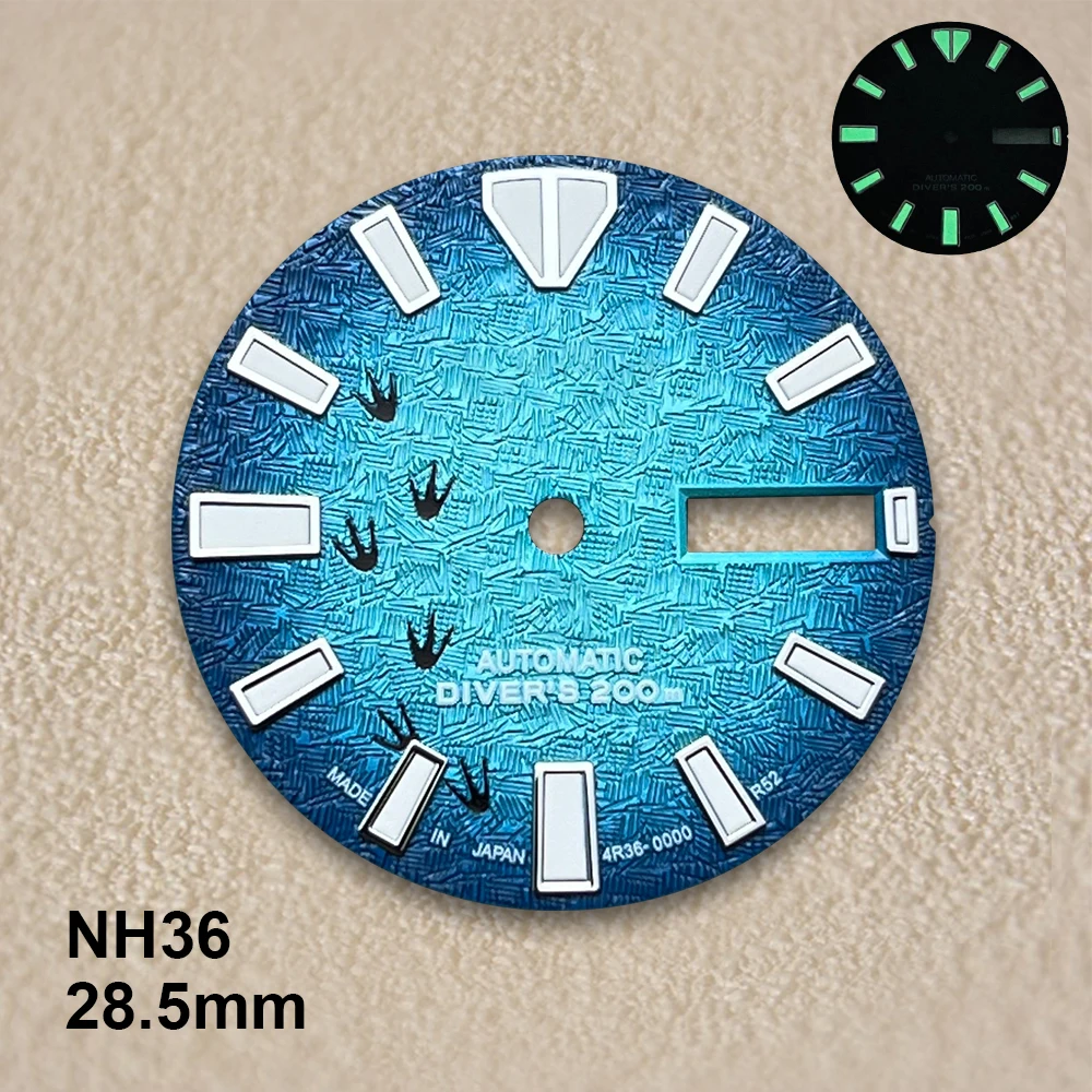 หน้าปัดลายรอยเท้า 3 มิติ ขนาด 28.5 มม. พร้อมโลโก้ S เหมาะสำหรับกลไก NH36/4R36 พร้อมพรายน้ำสีเขียว ปฏิทินคู่ อุปกรณ์ตกแต่งนาฬิกา