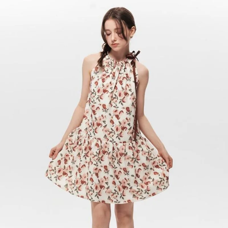 2025 verão halter floral mini vestido feminino hotsweet fora do ombro a linha sem mangas vestidos y2k moda festa