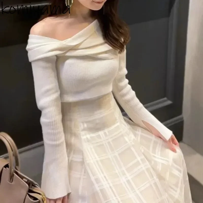 Flare Sleeve Knit Suterwears Skew Collar Off Shoulder Sweater Japan New Ruched Sueter Ropa Mujer Pullover Tops Pull Femmes