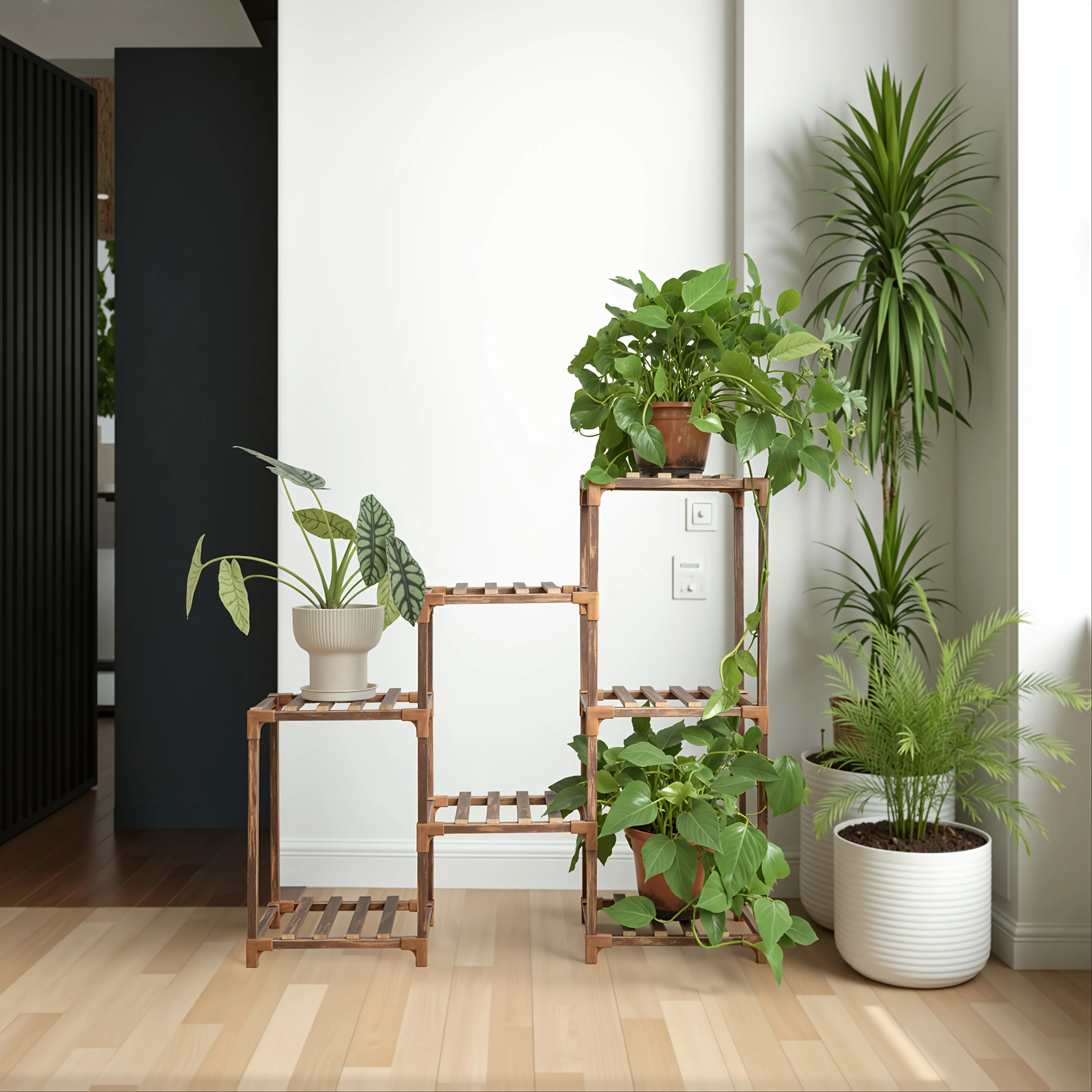 

7-Tier Wooden Plant Stand with Tools - 3-Column Design for Indoor & Outdoor Use, Modern & Rustic Style, Durable Carbonized Wood, Easy Assembly, Perfect for Balcony, Garden, or Living Room Decor, Utility Racks
