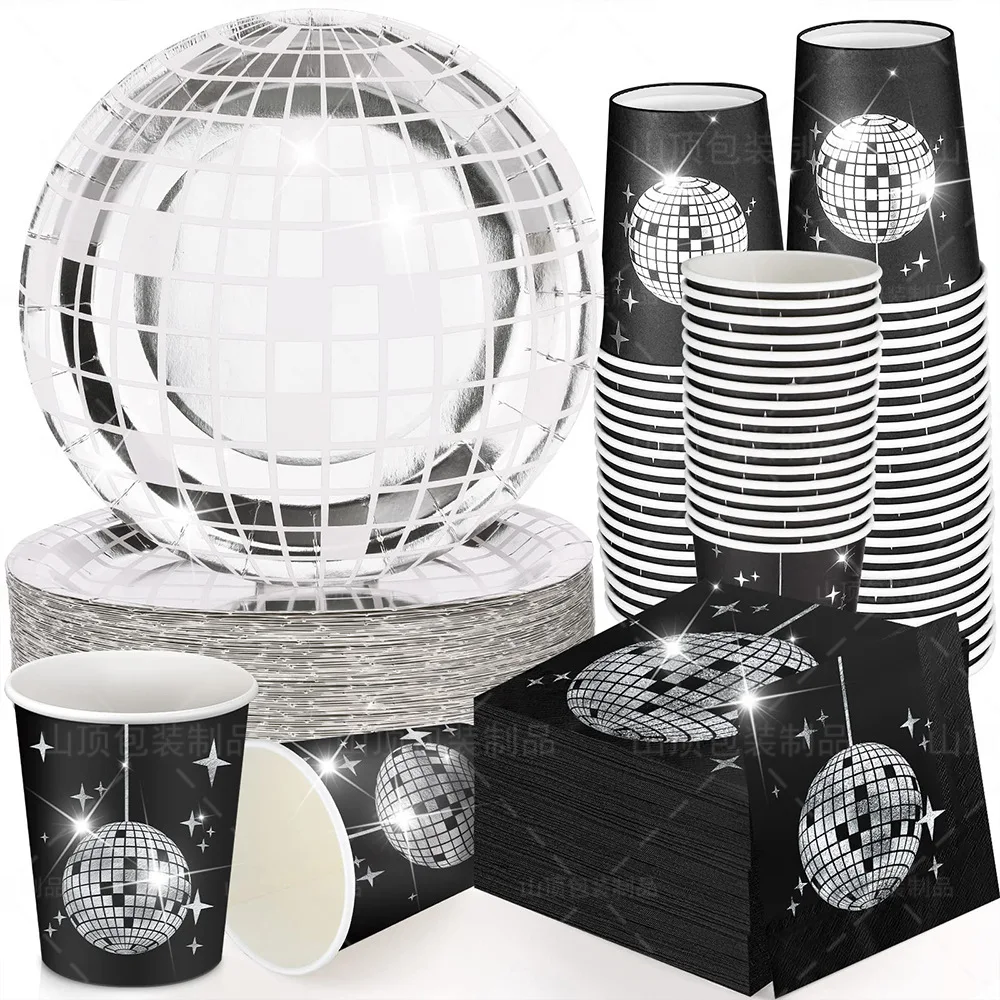 Juego de vajilla con temática de bola de discoteca para adultos, platos de discoteca, servilletas, vasos, decoración de fiesta de cumpleaños,