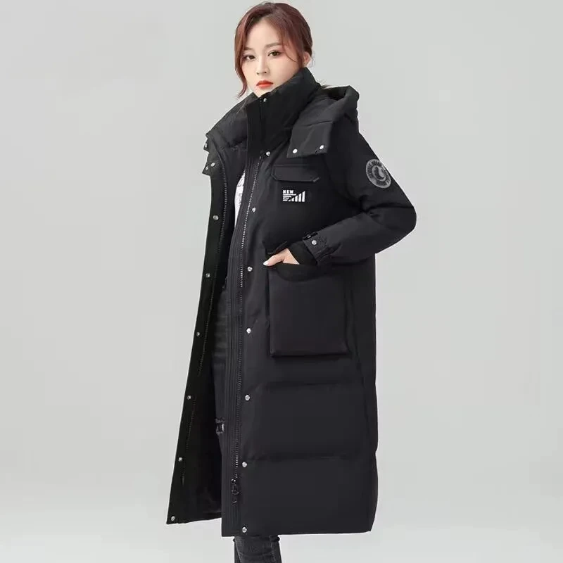 New Down Jacket Feminine Long Coat 2024 Autumn And Winter Over-the-knee Fashion Loose Tooling Hooded Warm Down Jacket Woman.