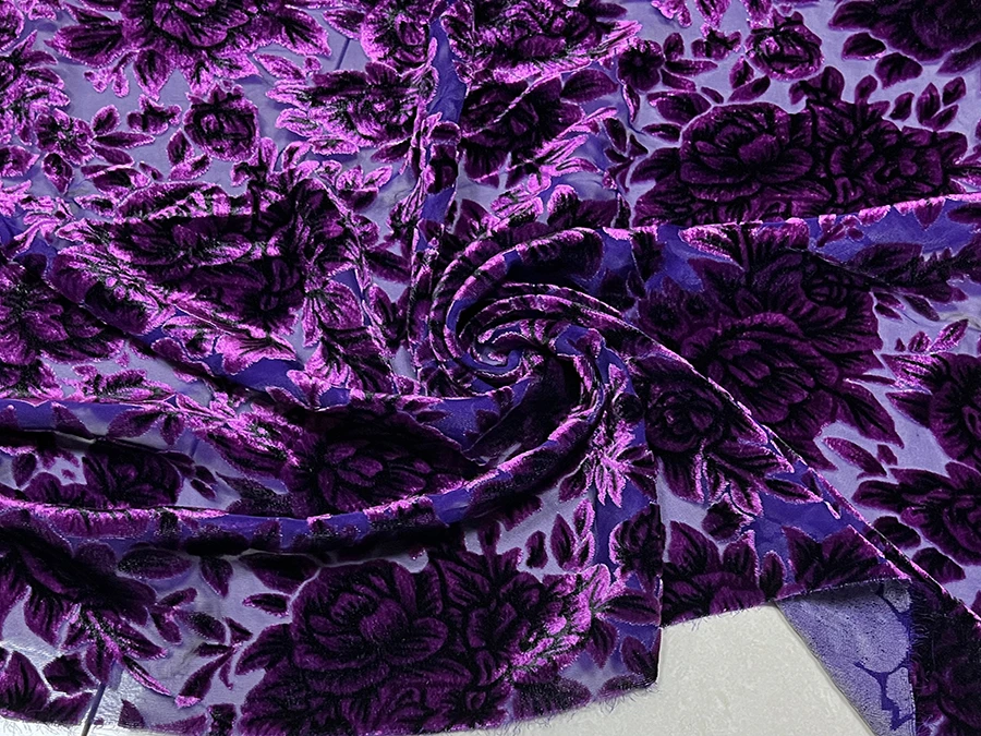 High Quality Real Silk Gold Velvet Fashion Autumn Fragrance Green Blue Purple Rose Etched-out Fabric Cheongsam Qipao Skirt Cloth