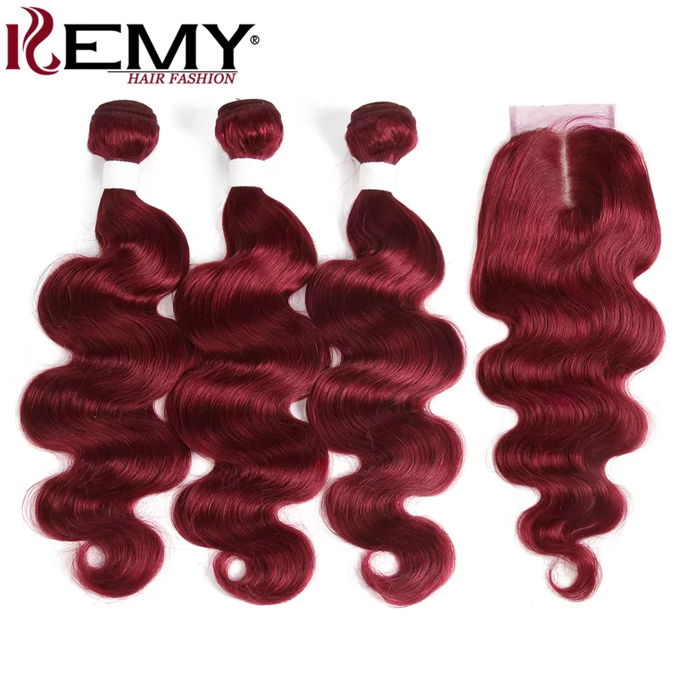 Body Wave Human Hair Bundles With Closure 99J/Burgundy Colored 3 Bundles With Closure Brazilian Remy Hair Extension Weft