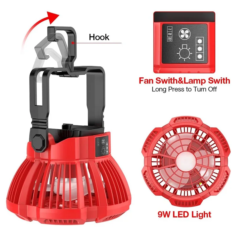 Camping Fan for Milwaukee 18V Li-ion Battery,Portable Cordless Fan with 9W LED Lantern Remote Control for Outdoor Camping Garage