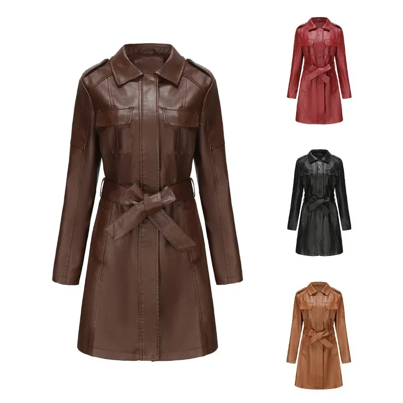 Veste en cuir mi-longue pour femmes avec ceinture, européenne et américaine, à manches longues, britannique à la mode, printemps et automne, nouvelle collection